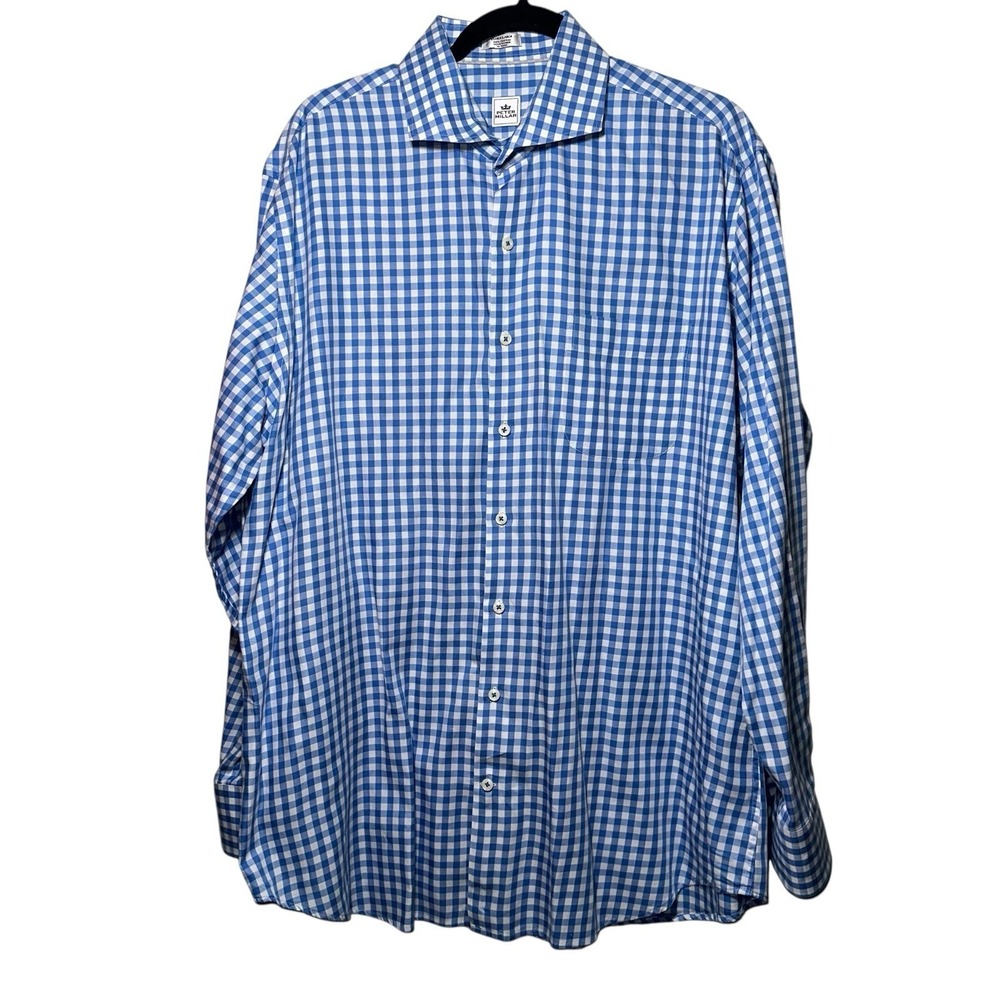 Peter Millar Mens XL Blue White Gingham Button Down Shirt Cotton Long Sleeve